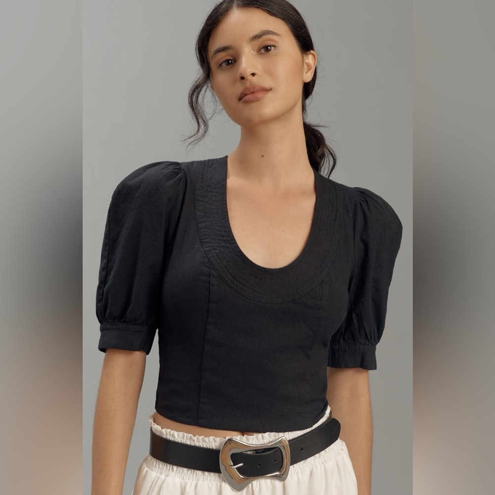 Anthropologie Puff-Sleeve Scoop-Neck Linen Top